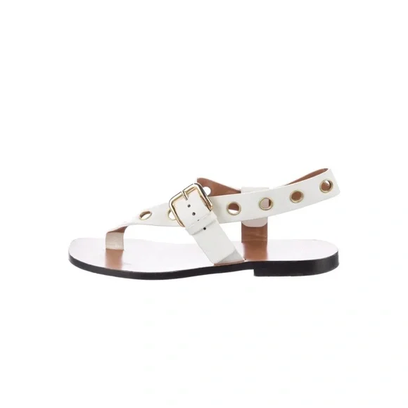 Celine White Leather Grommet Sandals 37.5 Flat Ankle Strap Made in Italy - Picture 15 of 16